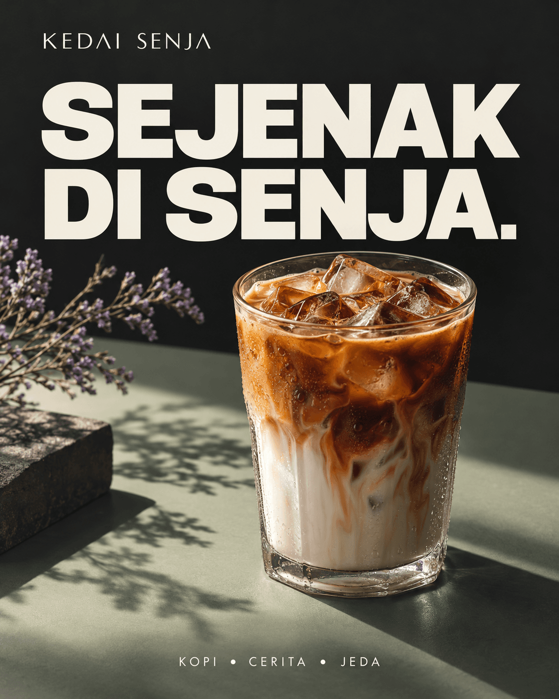 Poster contoh Kedai Senja dengan headline dan foto kopi.
